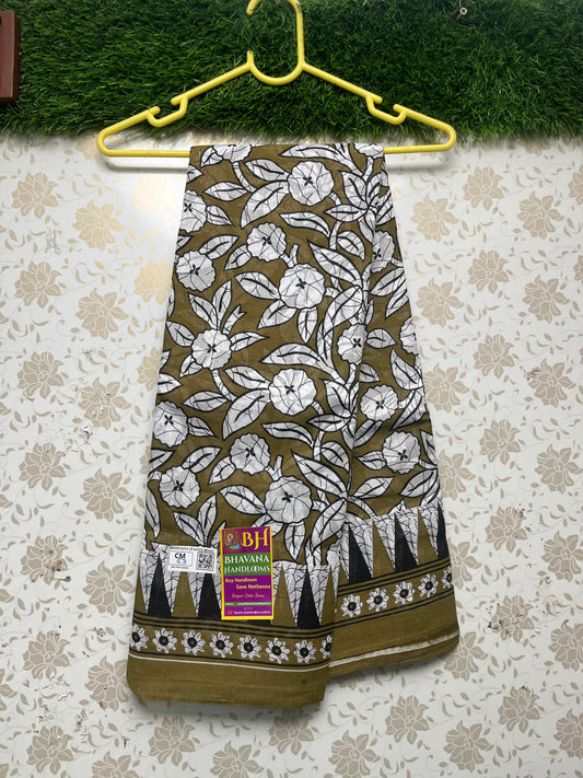 Mul Mul Cotton Saree With Olive Green and White Colour