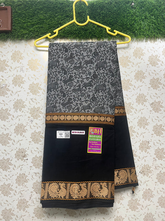 Handloom Thread Weaven Kalamkari Kanchi Cotton Saree With Black Colour