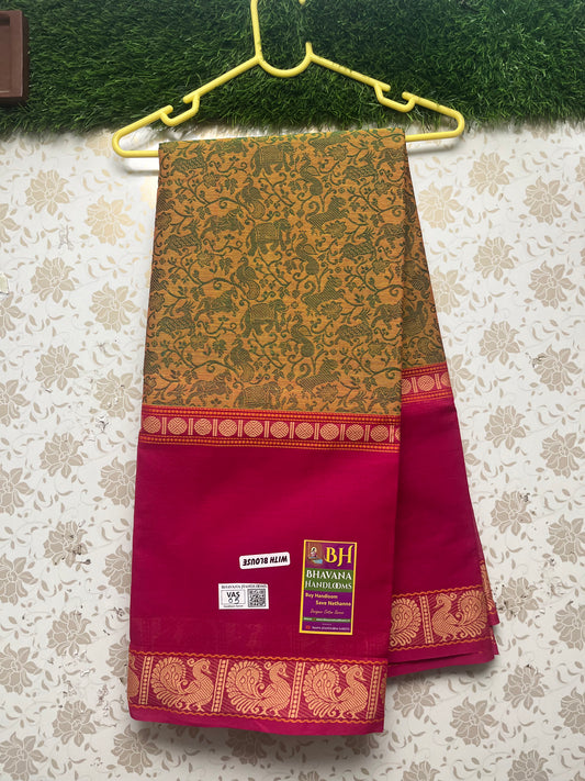 Handloom Thread Weaven Kalamkari Kanchi Cotton Saree With Yellow Colour