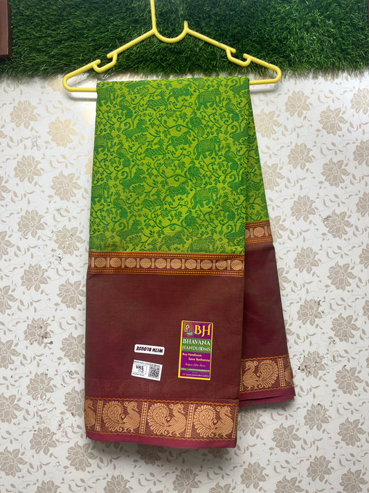 Handloom Thread Weaven Kalamkari Kanchi Cotton Saree With Green Colour