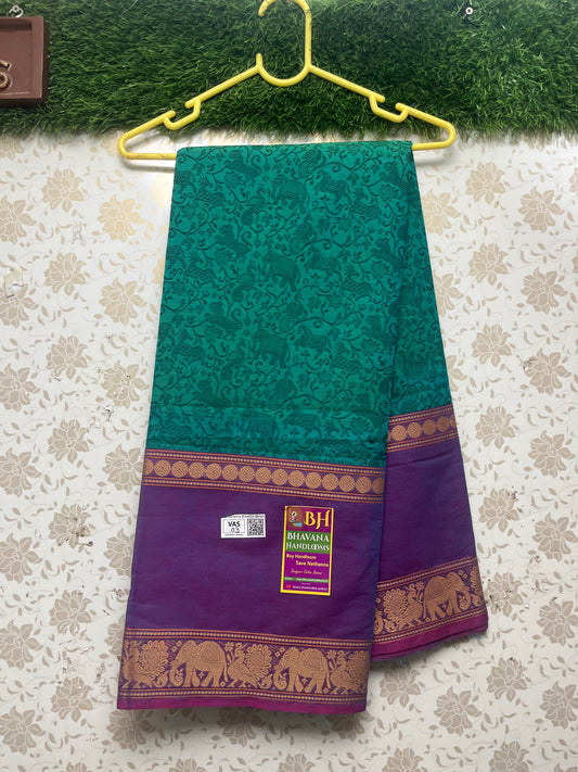 Handloom Thread Weaven Kalamkari Kanchi Cotton Saree With Green Colour