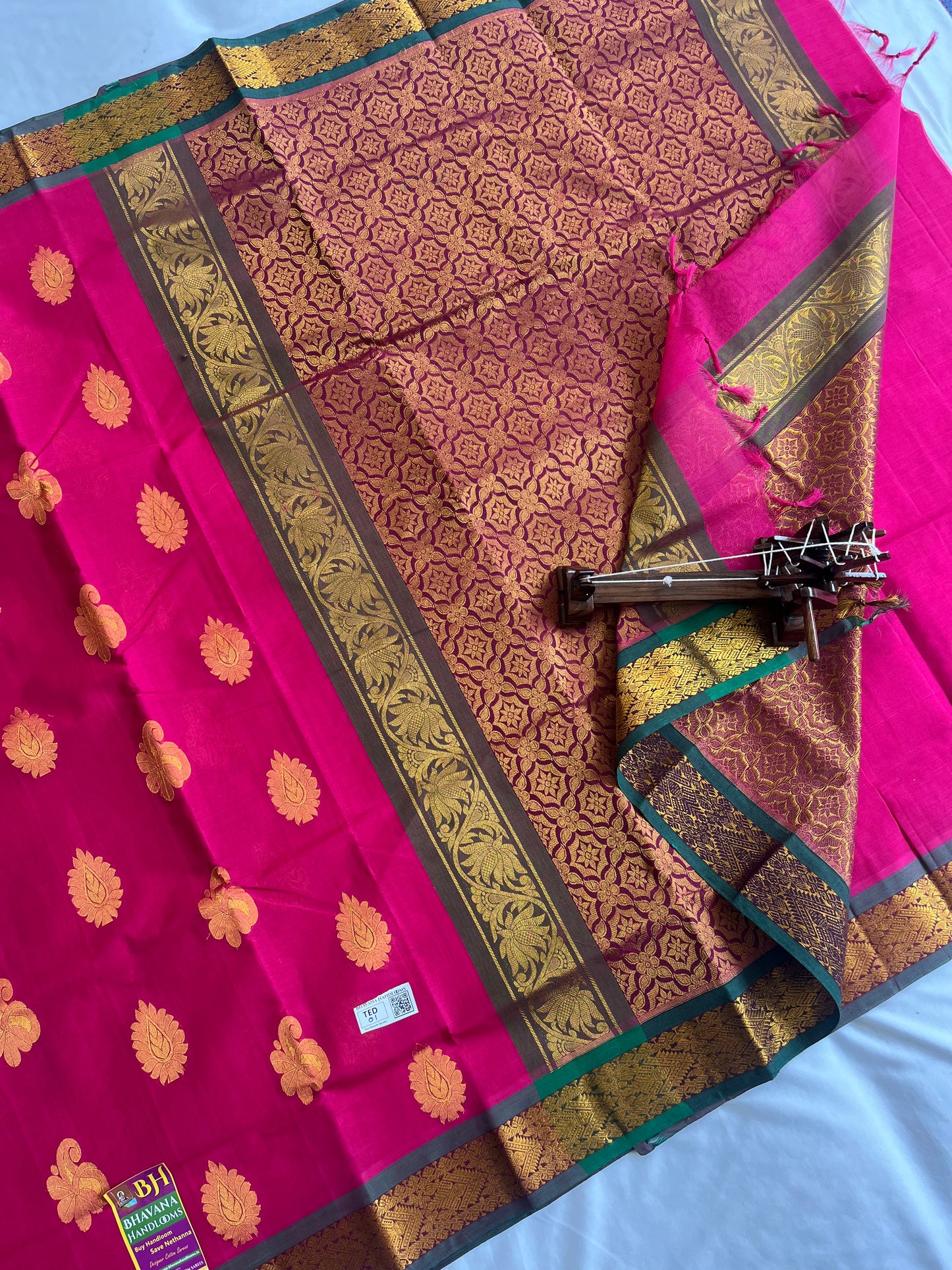 Pure Handloom Weaven allover Big Butis Pink Cotton Saree with Rich Pallu