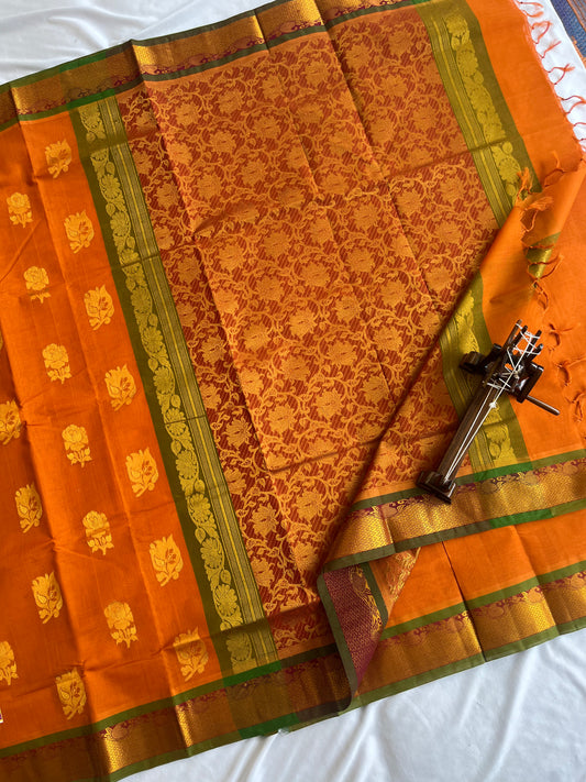 Pure Handloom Weaven allover Big Butis Orange Cotton Saree with Rich Pallu