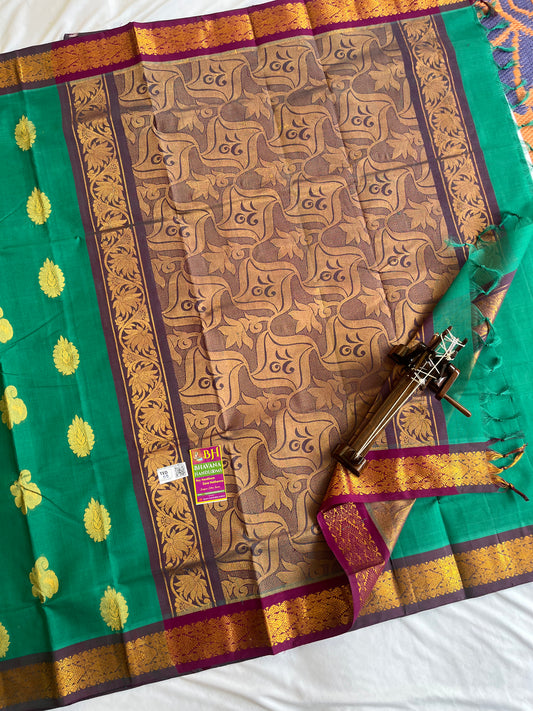 Pure Handloom Weaven allover Big Butis Green Cotton Saree with Rich Pallu