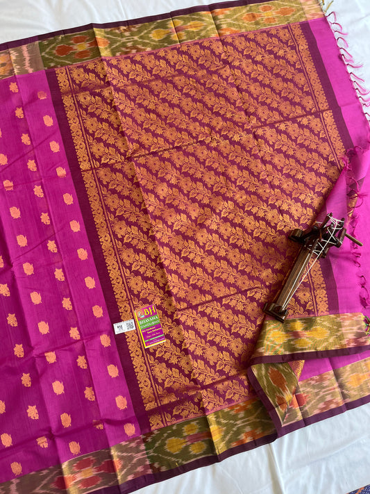 Pure Handloom Weaven allover Small Buti Pink Cotton Saree with Rich Pallu