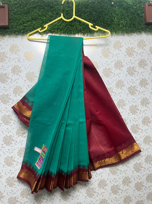 Mini Gadwal Handloom Cotton Saree With Teal and Maroon Border