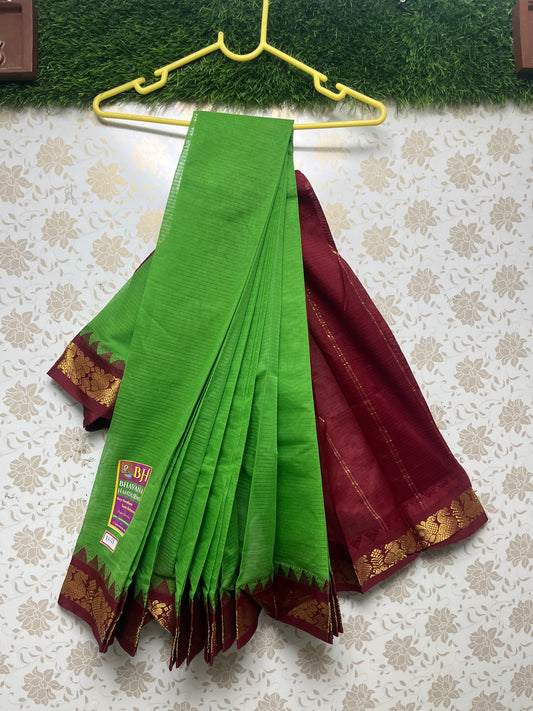 Mini Gadwal Handloom Cotton Saree With Green and Maroon Border