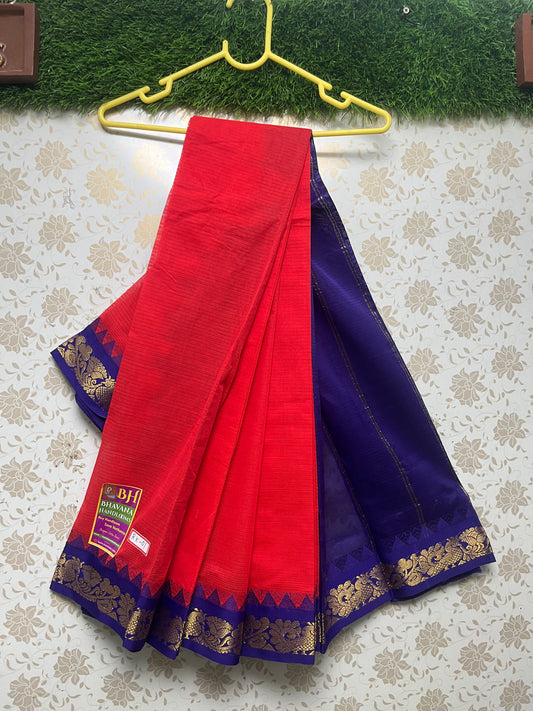 Mini Gadwal Handloom Cotton Saree With Red and Blue Border