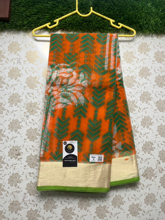 Jaipur Printed Kota Cotton Saree with Orange Color