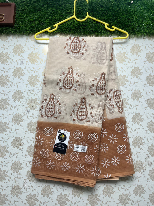 Jaipur Printed Kota Cotton Saree with Brown Color