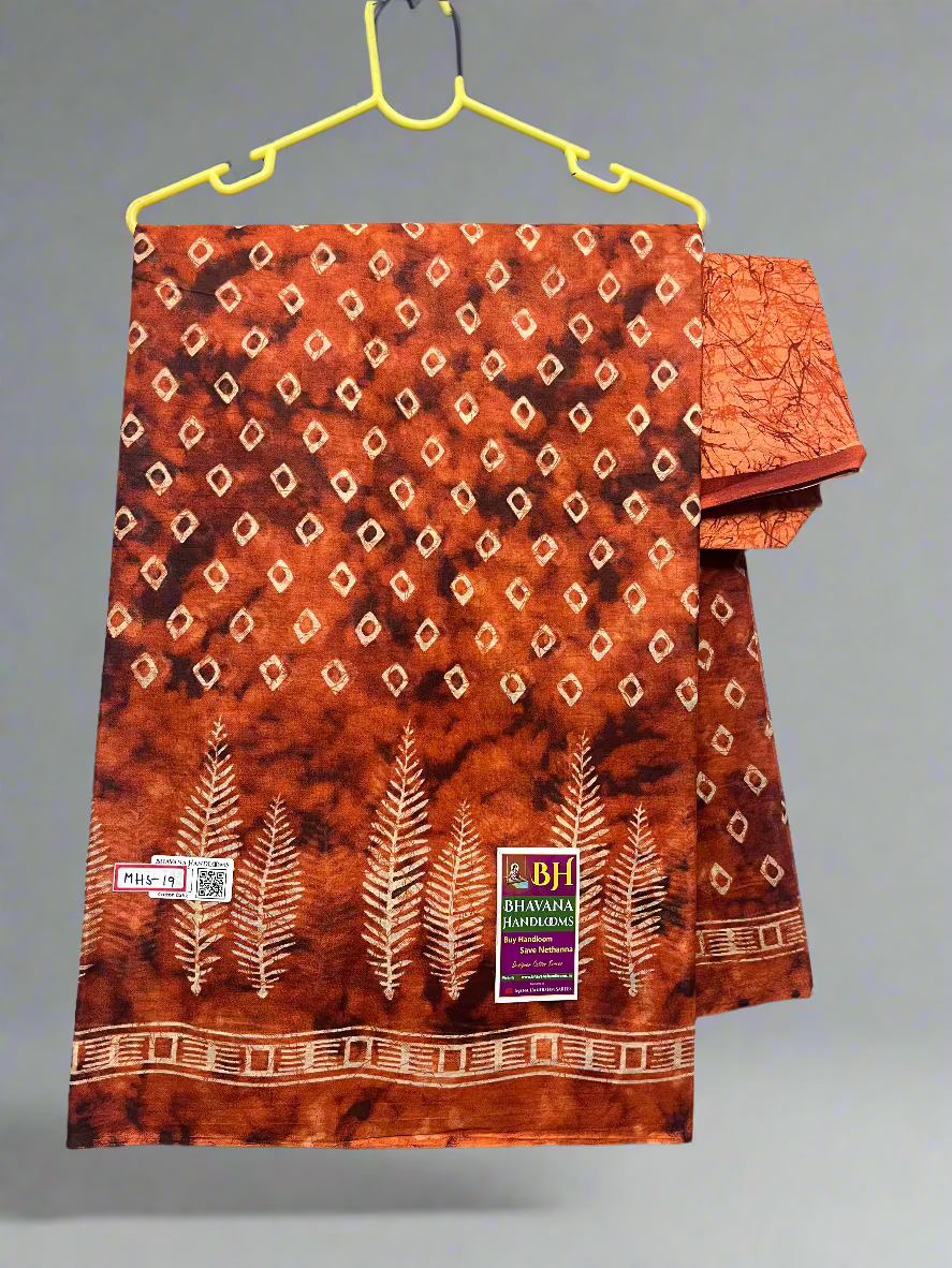 Bathik Printed Cotton Saree With Orange Colour