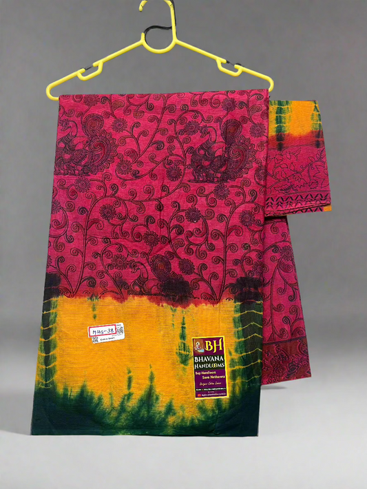 Printed Cotton Saree with Pink and Yellow Border