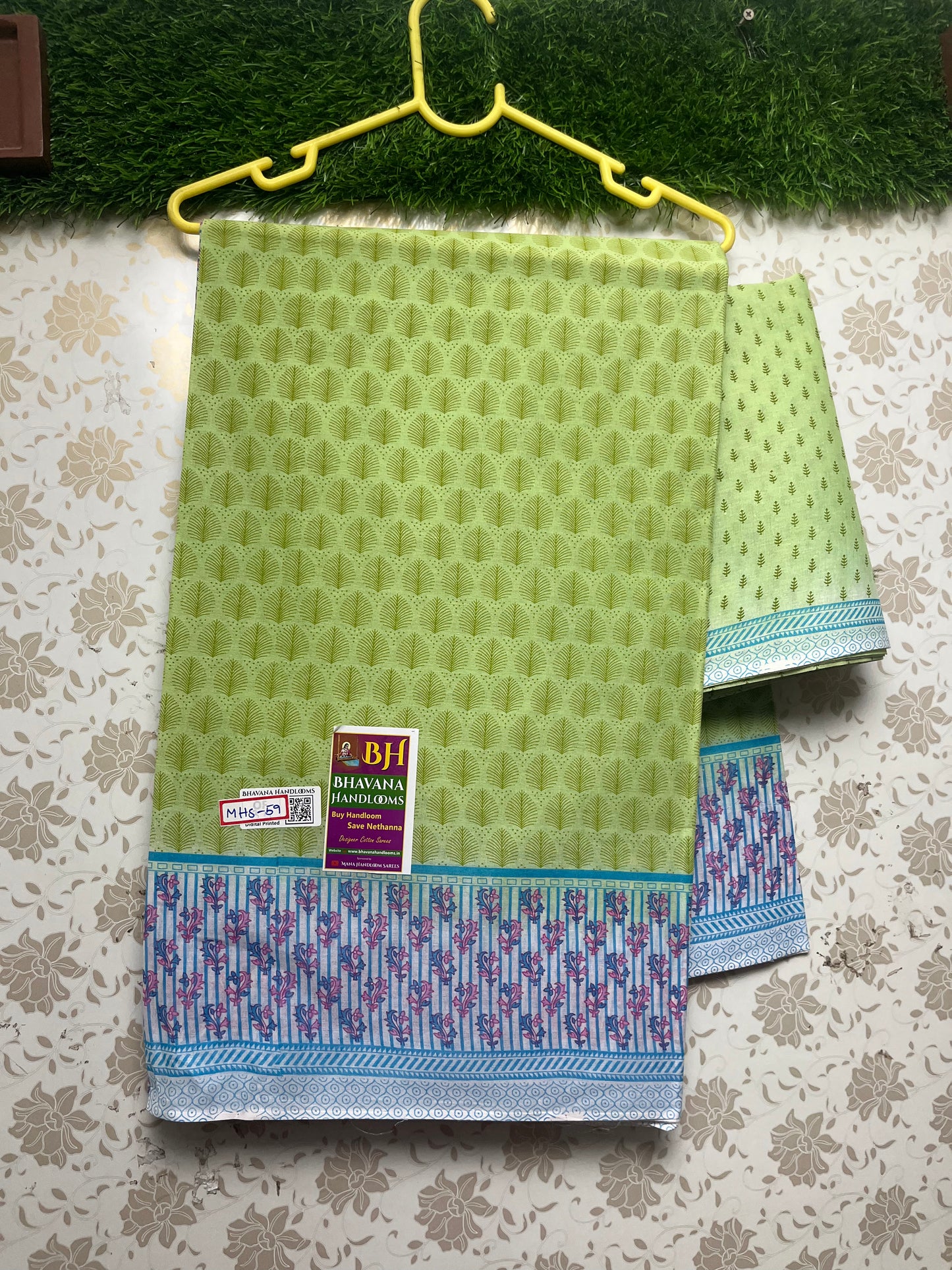 Office Wear Digital Printed Cotton Saree With Pista green colour