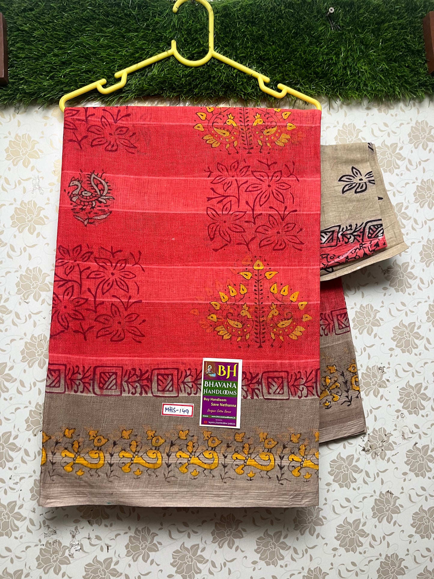 Kota Cotton Saree With Brown and Tamato Red Colour