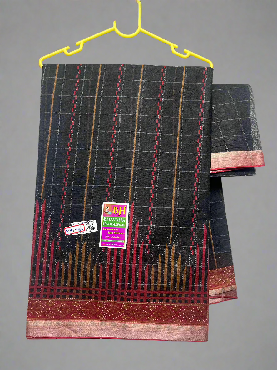 Office Wear Temple Border Cotton Saree With Black Colour