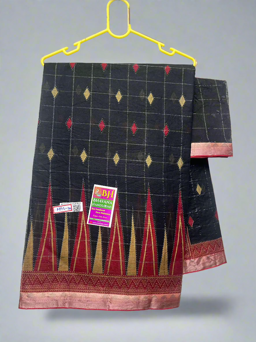 Office Wear Temple Border Cotton Saree With Black Colour