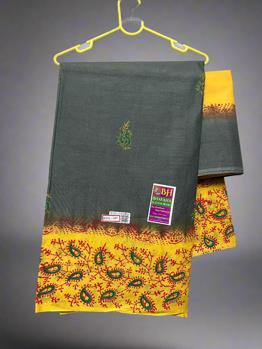 Printed Cotton Saree With Grey and Yellow Colour