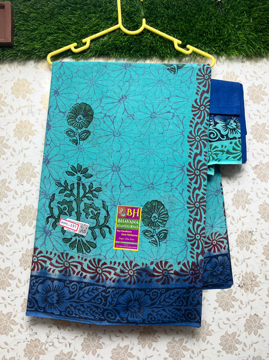 Pallavi Cotton Saree With Cyan Colour