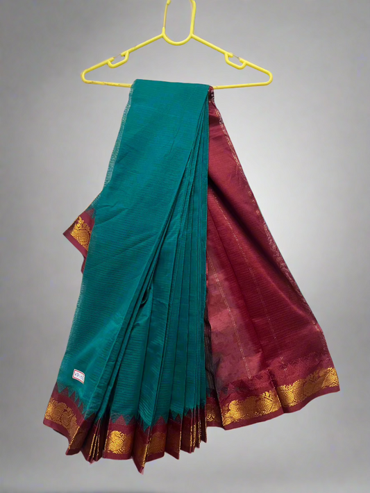 Handloom Mini Gadwal Cotton Saree Emrold Green With Maroon Border