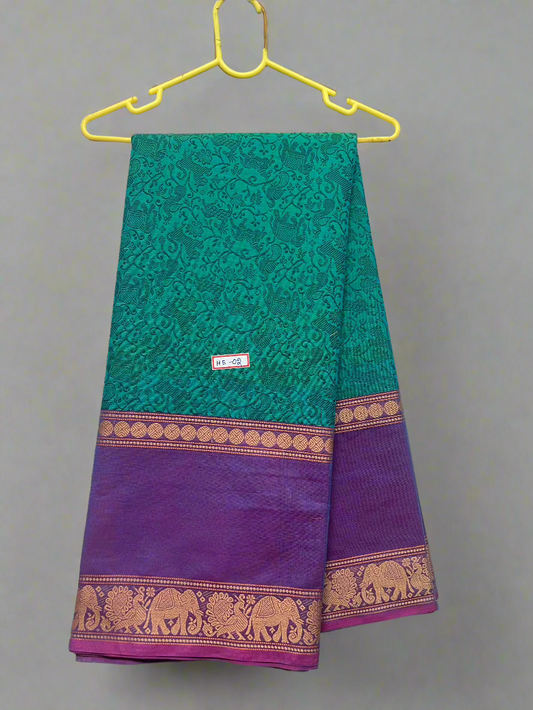 Handloom Thread weaven Kalmakri Kanchi Cotton Sarees with Ocean Blue Colour