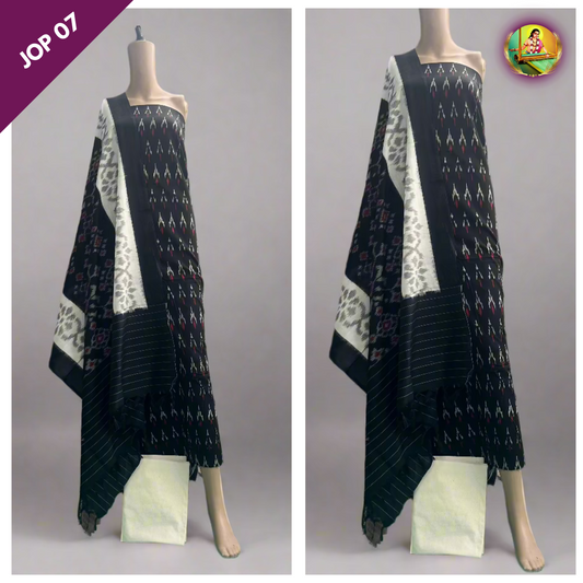 Handloom Double Ikkat Pochampally Dress Material Black and Half White Colour