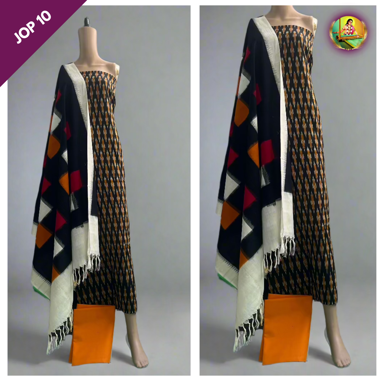 Handloom Double Ikkat Pochampally Dress Material Black,Yellow and White Colour