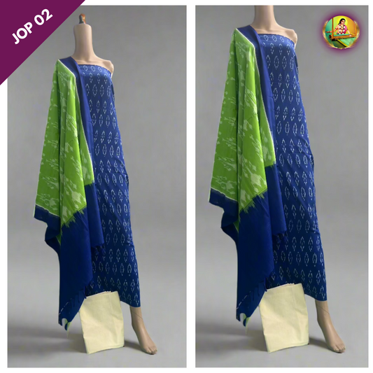 Handloom Double Ikkat Pochampally Dress Material Blue and Green Colour