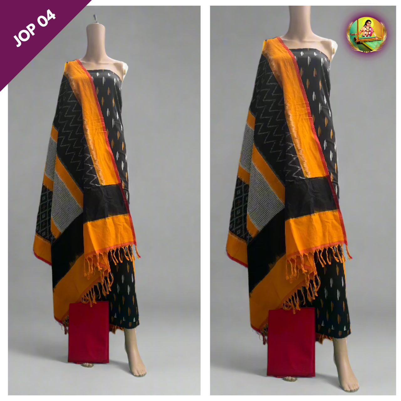 Handloom Double Ikkat Pochampally Dress Material Black and Yellow Colour