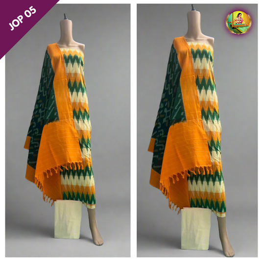 Handloom Double Ikkat Pochampally Dress Material Green,Yellow and cream Colour