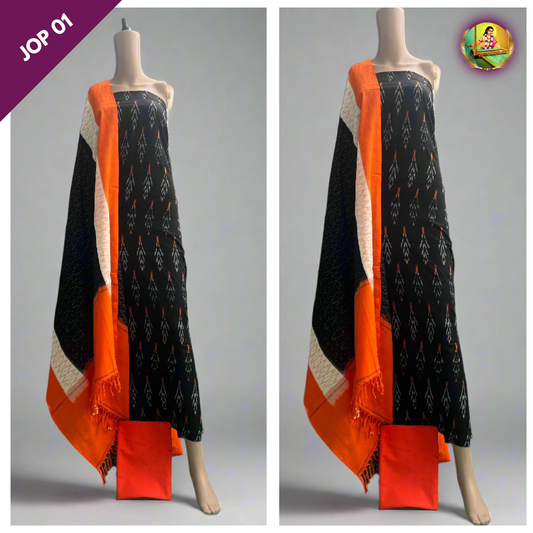 Handloom Double Ikkat Pochampally Dress Material Black and Orange Colour