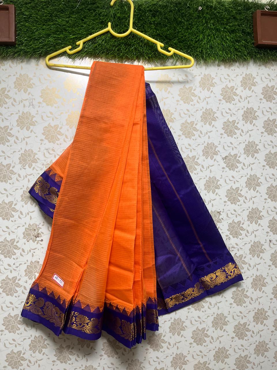 Handloom Mini Gadwal Cotton Saree Orange With Blue Border