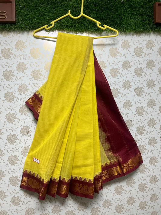 Handloom Mini Gadwal Cotton Saree Yellow With Maroon Border