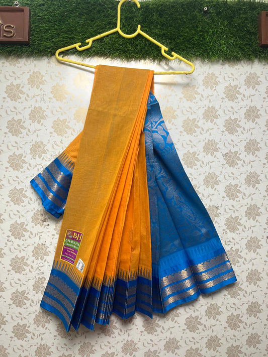 Gadwal Handloom Cotton Saree with Sky Blue Border