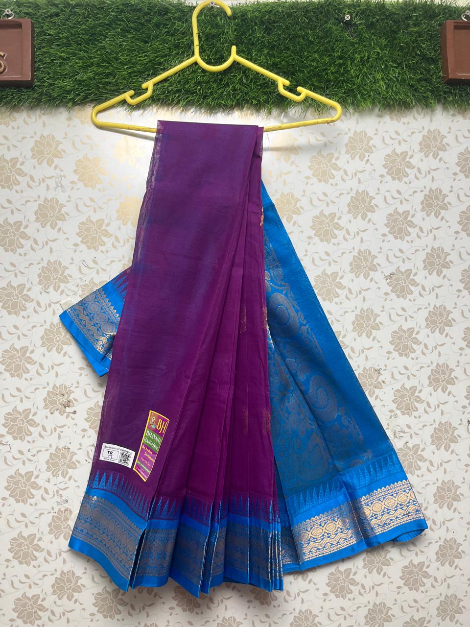 Gadwal Handloom Cotton Saree with Sky Blue Border