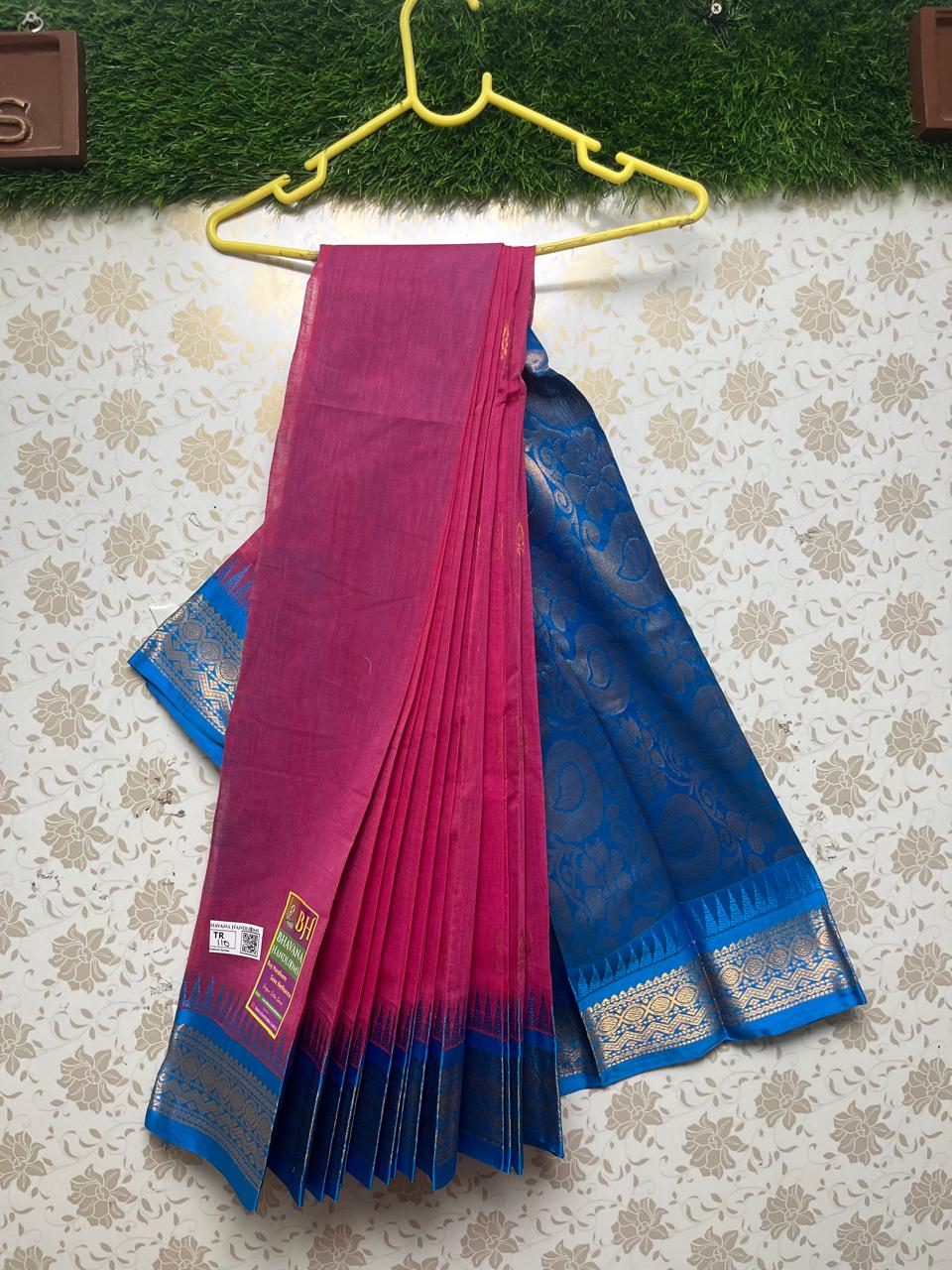 Gadwal Handloom Cotton Saree with Sky Blue Border