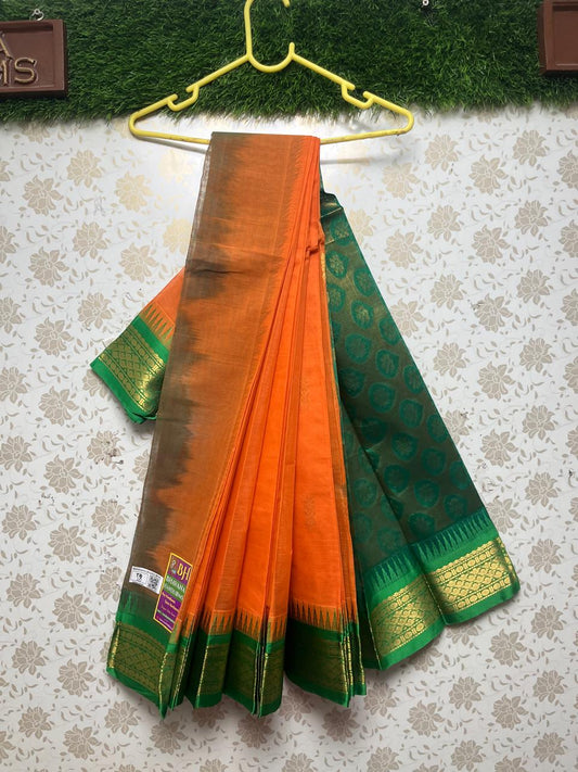 Gadwal Handloom Cotton Saree with Green Border