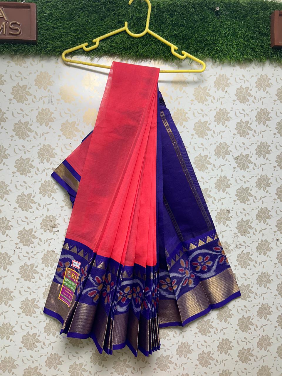 Pochampally Handloom Cotton Saree with Royal Blue Border