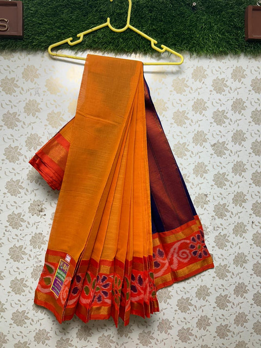 Pochampally Handloom Cotton Saree with Orange Border