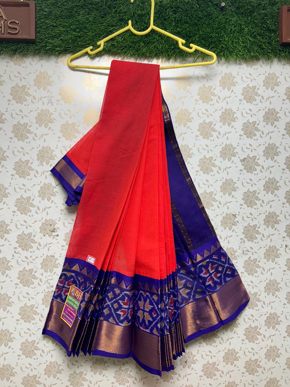 Pochampally Handloom Cotton Saree with Royal Blue Border