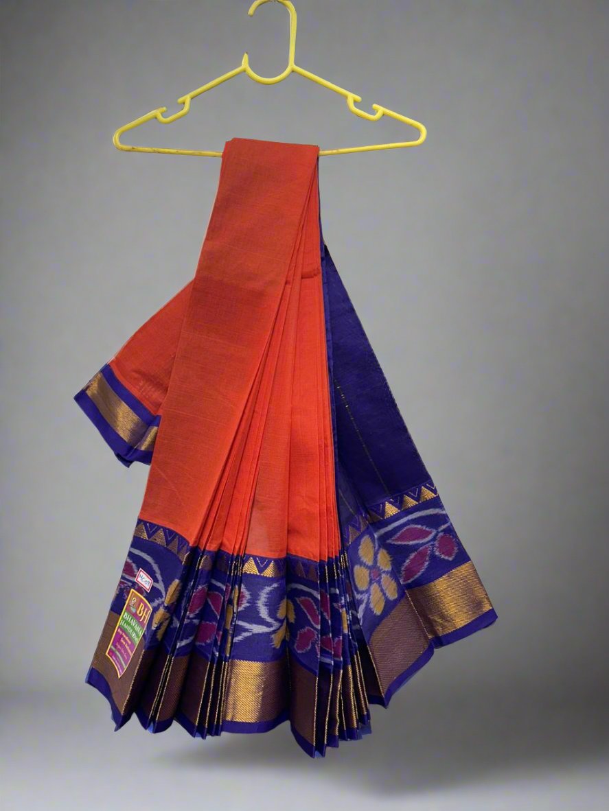 Pochampally Handloom Cotton Saree with Brick colour Royal Blue Border