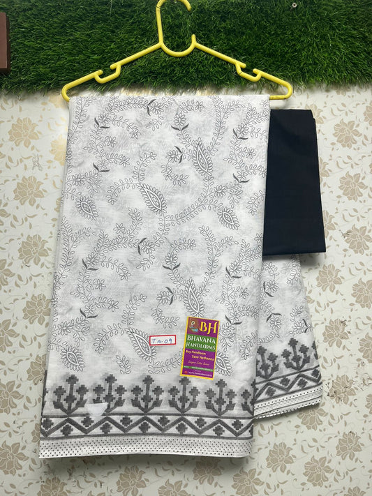 Black and White Printed Cotton Saree With Floral Design