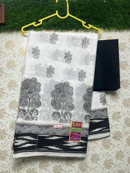 Black and White Printed Cotton Saree