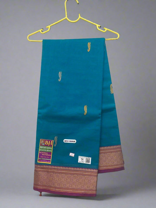 Kanchi Cotton Saree With Cyan Colour