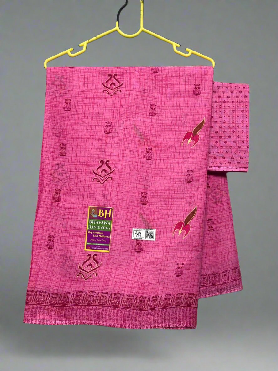 Office Wear Printed Cotton Saree With Pink