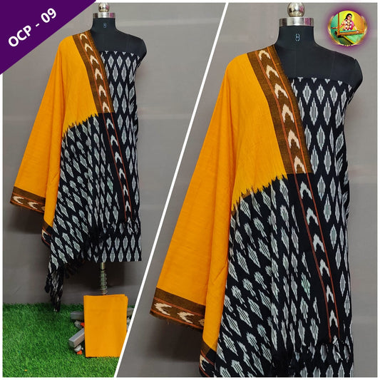 Handloom Single Ikkat Pochampally Dress Material Yellow and Black Colour