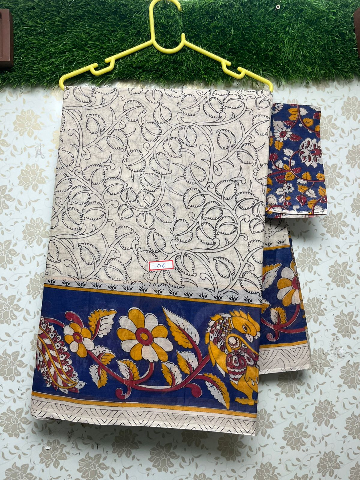 Kalamkari Printed Cotton Saree With Blue Border