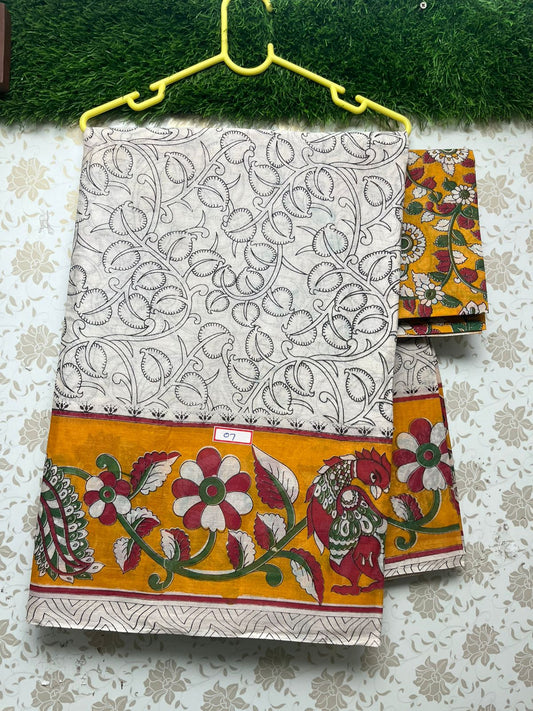 Kalamkari Printed Cotton Saree With Yellow Border