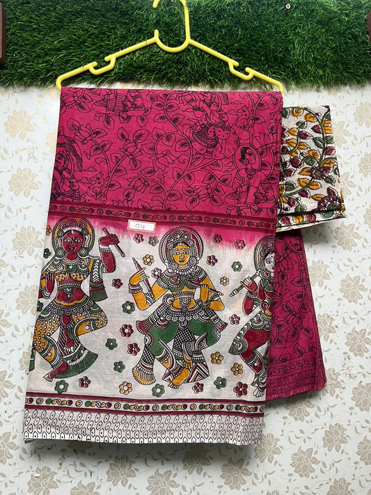 Kalamkari Printed Cotton Saree With Pink Colour