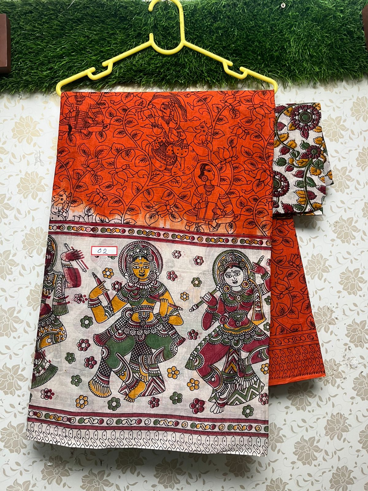 Kalamkari Printed Cotton Saree With Coral Colour