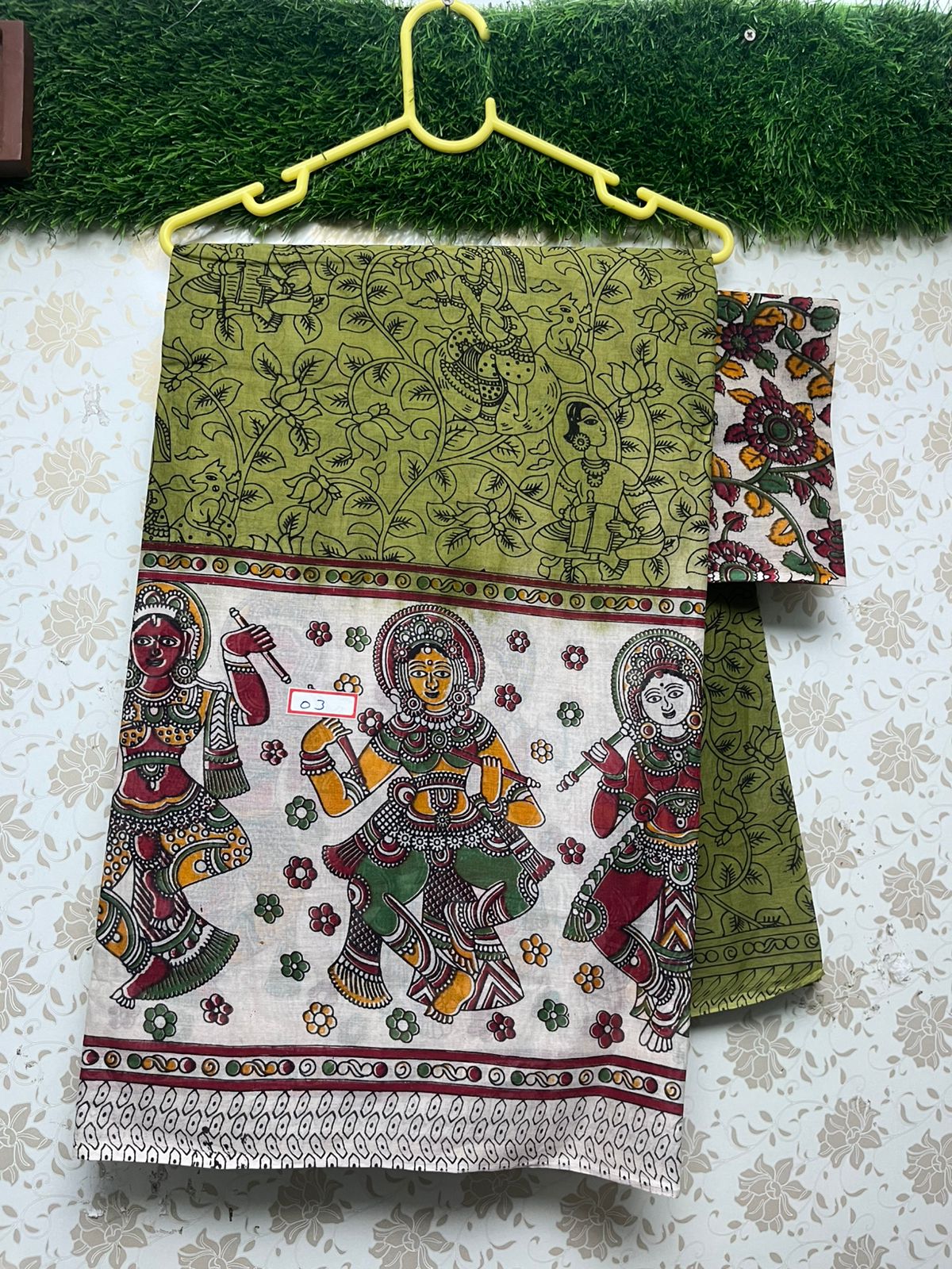 Kalamkari Printed Cotton Saree With Green Colour